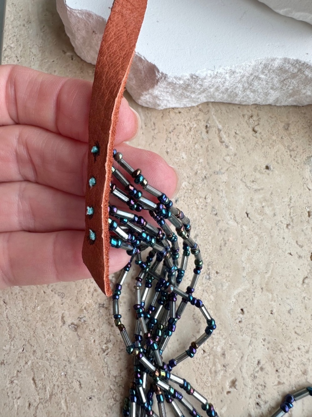 NWT Peyote Bird Free Spirit Multi-Strand Liquid Silver & Peacock Suede Necklace - Picture 5 of 8